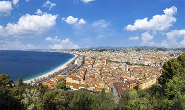 France, panoramic skyline of old historic Nice center and azure beaches along Promenade des