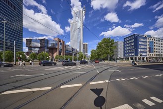 Kronenhochhaus or Westend 1, headquarters of DZ Bank on Mainzer LandstraÃŸe under a blue sky with