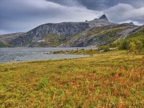 On the road along the Helgeland coast in autumn, view of Per Karlsatind, Ã…selistraumen,