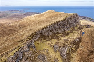 Aerial view of the Quiraing rock formations, Trotternish peninsula, Isle of Skye, Scotland, UK