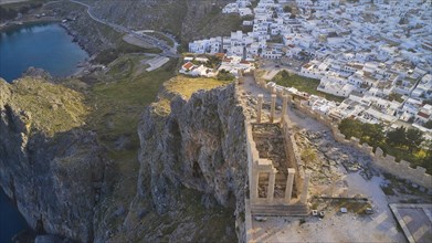 Drone shot, Acropolis of Lindos, late afternoon light, Temple of Athena Lindia, aerial view of an