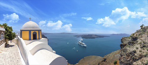 Greece Islands, scenic panoramic sea views of Santorini island from top outlook of Fira village