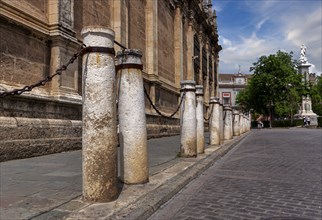 Bollards on the pavement, architecture in the old town, Seville, Andalusia, Spain, Europe