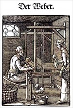 The Weaver, woodcut from the, Das Staendebuch, a famous series of woodcuts of the craft of Amman,