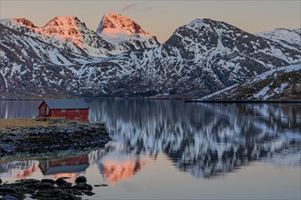 Steep mountains reflected in fjord, evening light, snowy, winter, red house, Moskenesoya, Lofoten,