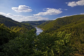 Elevated view of the Our valley and the river Our, Vianden, Our National Park, Ardennes, Islek,