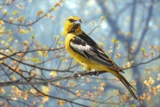 Bullock's oriole bird close-up perched on a branch in the meadow