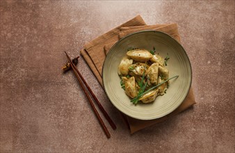 Japanese fried gyoza dumplings, with pork, sesame seeds, green onions