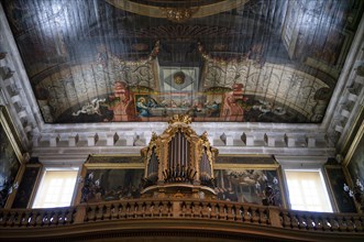 Interior view, organ, coffered ceiling, ceiling painting, perspective painting, ceiling, church