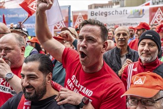 Demonstration by many thousands of steelworkers in front of the ThyssenKrupp headquarters in Essen