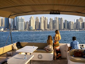 Skyscrapers, motor yachts and beach, Jumeirah Beach Residences, Dubai, United Arab Emirates, Middle