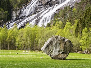 Single large rock Oddmundsteinen on farmland, waterfall in the back, greasing sheep, spring, south