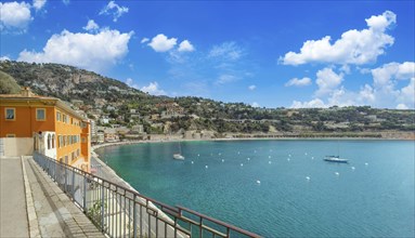 France, French Riviera, panoramic view of Villefranche old city and sea promenade, Europe