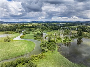 Aerial view of the Radolfzeller Aachried with the Radolfzeller Aach at high water, on the horizon