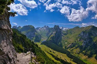 View of Alpstein with mountains Altmann and SÃ¤ntis, Appenzell Alps, Canton Appenzell Innerrhoden,