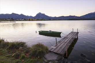 Footbridge at the Hopfensee, fishing boat, AllgÃ¤u Alps, Hopfen am See, OstallgÃ¤u, Bavaria,