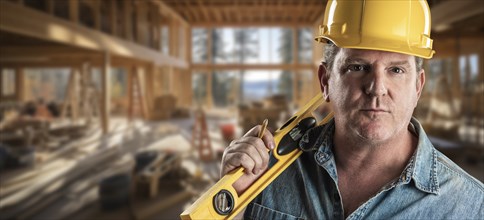 Hard working male contractor at a construction site wearing a hard hat and work gloves holding his