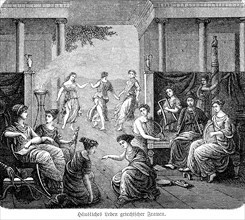 Domestic life of Greek woman, antiquity, Greece, distinguished, room, columns, incense, pleasure,