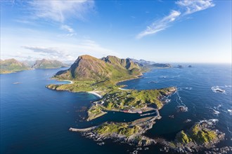 Fishing village Hovden, coast, fjords and mountains, Langoya island, Vesteralen archipelago,