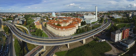 Nossener Brücke power station with elevated road in Dresden Löbtau