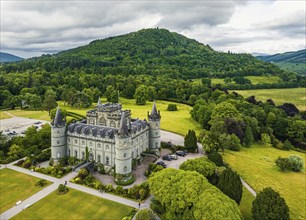 Inveraray Castle from a drone, Clan Campbell, Loch Fyne, Argyll, Scotland, UK