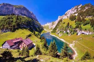 FÃ¤hlensee with Bollenwees mountain inn in the Alpstein, Appenzell Alps, Canton Appenzell