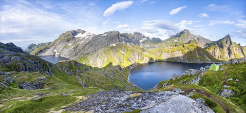 Panorama, mountain landscape with lake Tennesvatnet and Fjerddalsvatnet, at sunrise, in the back