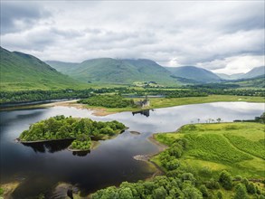 Kilchurn Castle from a drone, Loch Awe, Argyll and Bute, Scotland, UK