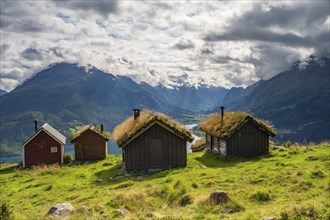 Traditional mountain huts on Rakssetra mountain pasture, Ã…rheimsfjellet mountain, Loen, Stryn,