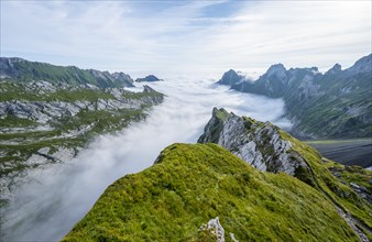 View of mountain peaks above the sea of clouds, SÃ¤ntis mountains and valley of Meglisalp, high