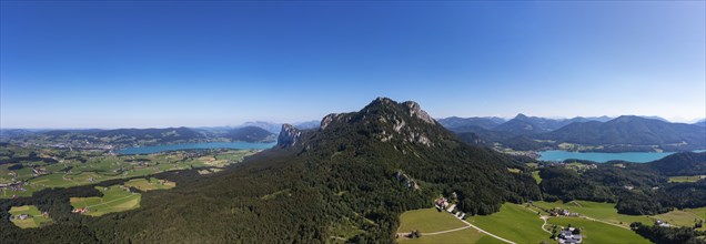 Drone shot, panorama shot, Schober and Drachenwand with Mondsee and Fuschlsee, Mondseeland,