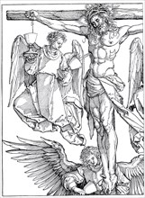 Christ on the Cross with Three Angels, woodcut by Albrecht Dürer, historical, digitally improved