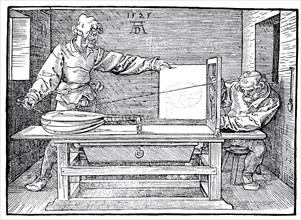 On the Art of Measuring. A Man Drawing a Lute, woodcut by Albrecht Dürer, historical, digitally