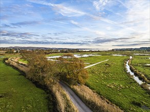 Wetlands and Marshes in RSPB Exminster and Powderham Marshe from a drone, Exeter, Devon, England,