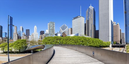 Chicago skyline skyscrapers skyscrapers and BP Pedestrian Bridge bridge skyscraper panorama in