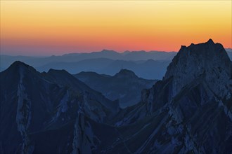 Alpstein Mountains at dawn, view of Mount Hoher Kasten, behind Vorarlberg Austria, Canton Appenzell