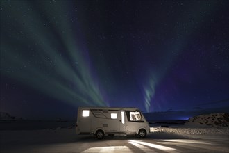 Motorhome and Northern Lights in Winter, Kleivodden Parking Andoya Scenic Route, Norway, Europe