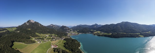 Drone shot, panorama shot, Fuschlsee, Fuschl am See, Alpine foothills, Salzkammergut, Land