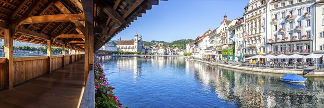 Chapel bridge city on the river Reuss with bridge panorama in Lucerne, Switzerland, Europe