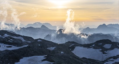 Evening mood, silhouettes, dramatic mountain landscape, view from Hochkönig, Salzburger Land,