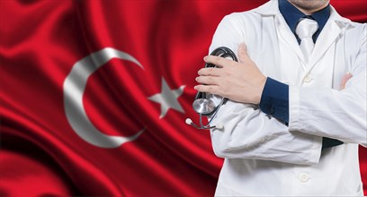 Doctor with stethoscope on Turkish flag. Doctor with crossed arms on Turkish flag, Turkish national