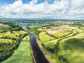 Sharpham Meadows and Marsh over River Dart from a drone, Totnes, Devon, England, United Kingdom,