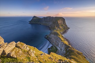 View from Haheia or Haen mountain to mountains and coast, evening mood, Mastad peninsula, Vaeroy