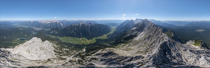 Alpine panorama, aerial view, Westliche Wettersteinspitze, Wetterstein Mountains, Bavaria, Germany,