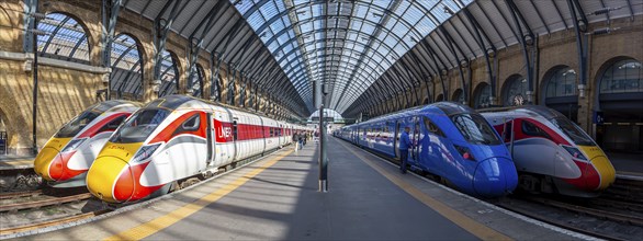 Azuma trains of London North Eastern Railway LNER and Lumo of FirstGroup at King's Cross Panorama