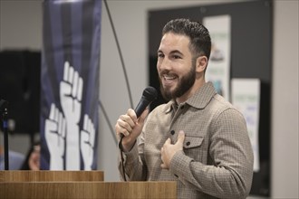 Dearborn, Michigan, Dearborn Mayor Abdullah Hammoud speaks at a rally calling for a Green New Deal.