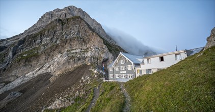 Mountain hut on the Rotstein Pass, SÃ¤ntis, Appenzell Ausserrhoden, Appenzell Alps, Switzerland,