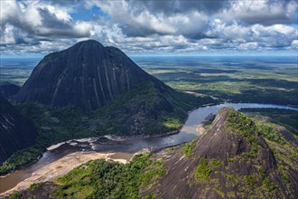 Aerial of the huge granite hills, Cerros de Mavecure, Eastern Colombia