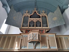 Old organ, one of the five still playable instruments of this kind in the world, church, Rysum,