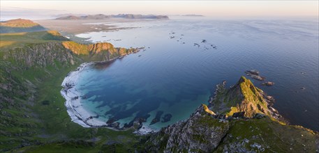 View from Mount Matinden of sandy beach and rocky coast, Bleik, Andoya Island, Vesteralen, Norway,